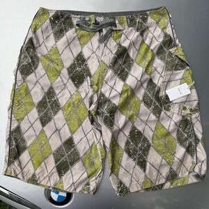 Early 2000s Split long leg past the knee Green and white argyle board shorts